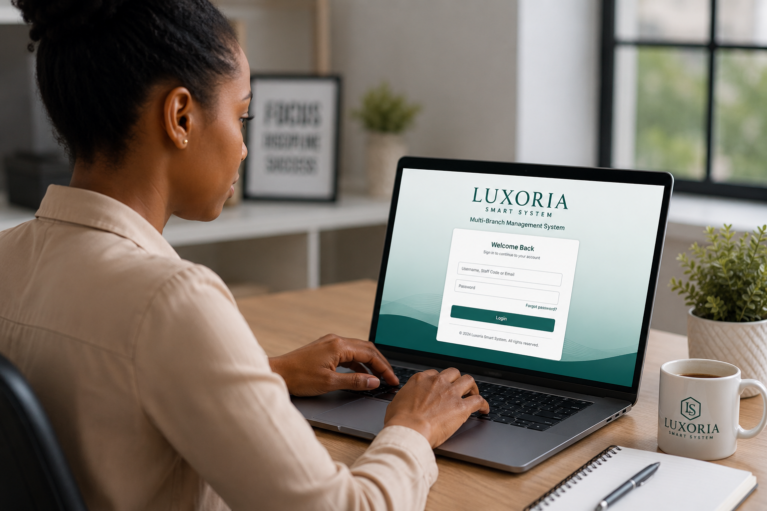 Lady logging into Luxoria SmartBranch System
